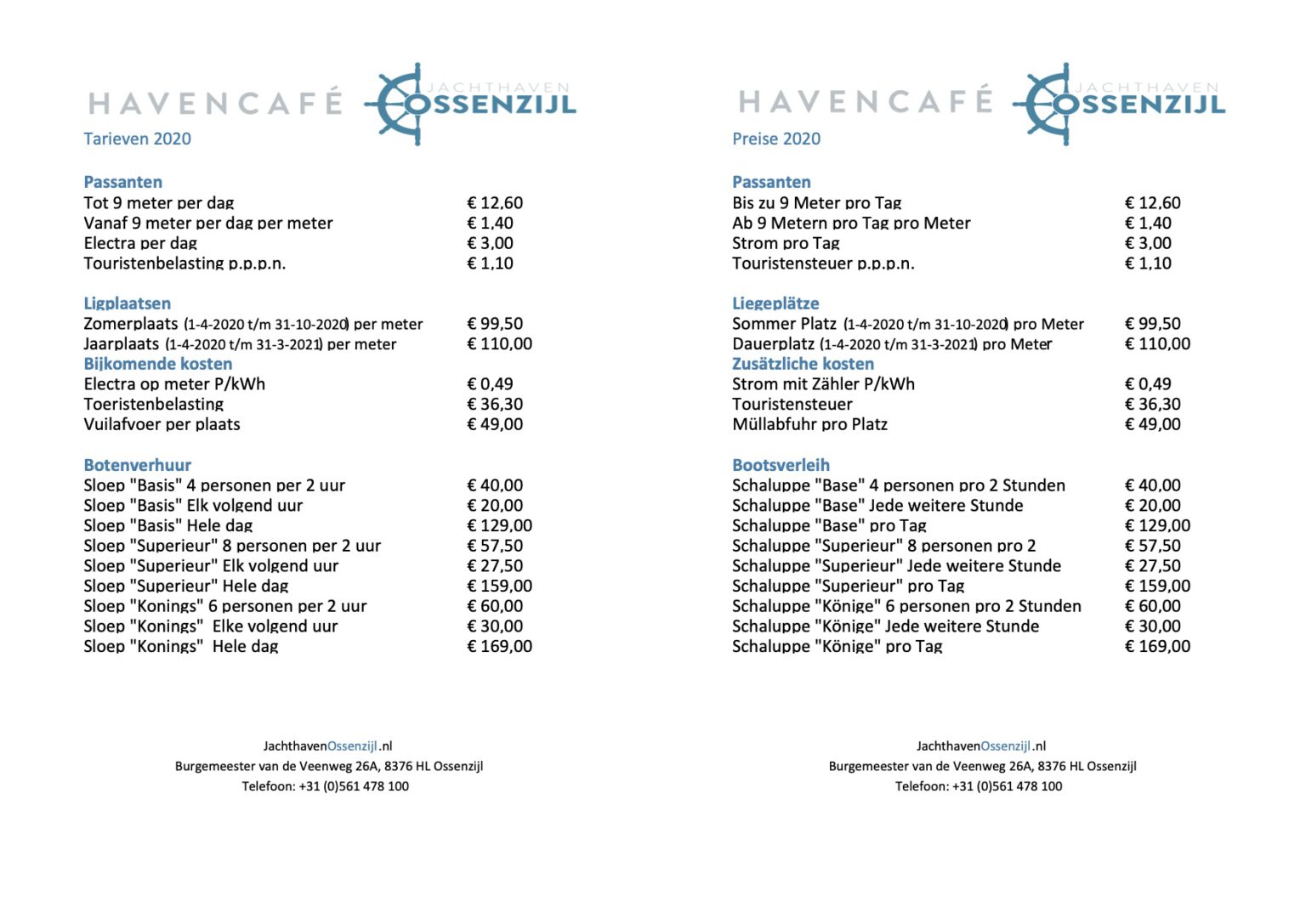 Ligplaats tarieven Jachthaven Ossenzijl